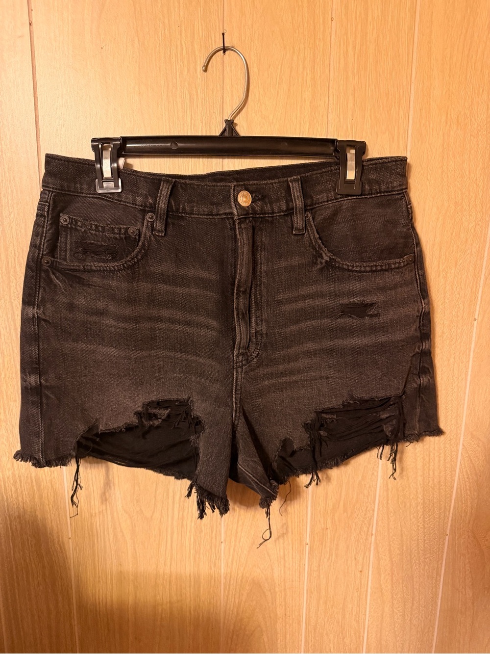 High-Rise Distressed Black Denim Shorts